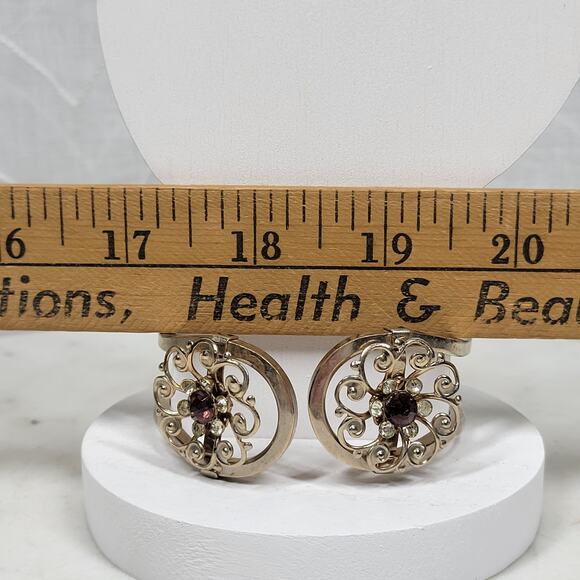 Vintage Garnet Rhinestones Cuff Bracelet Silver Tone Spring Hinged Closure - Picture 5 of 15